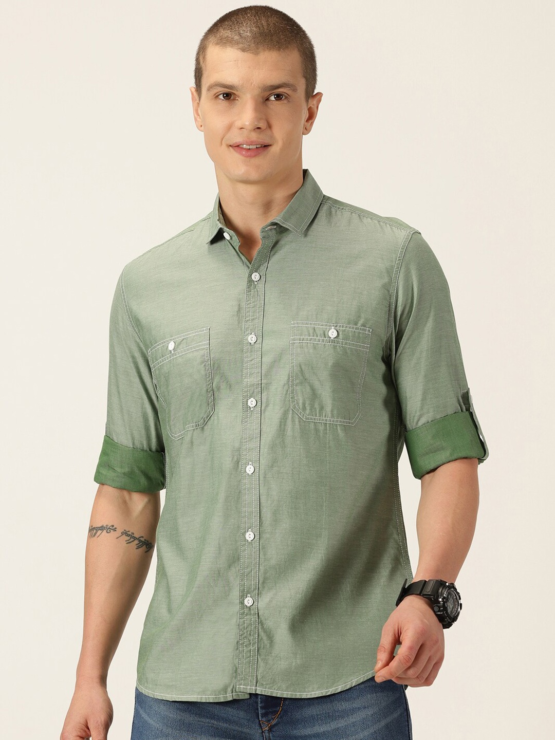 

Mast & Harbour Green Classic Slim Fit Casual Pure Cotton Shirt
