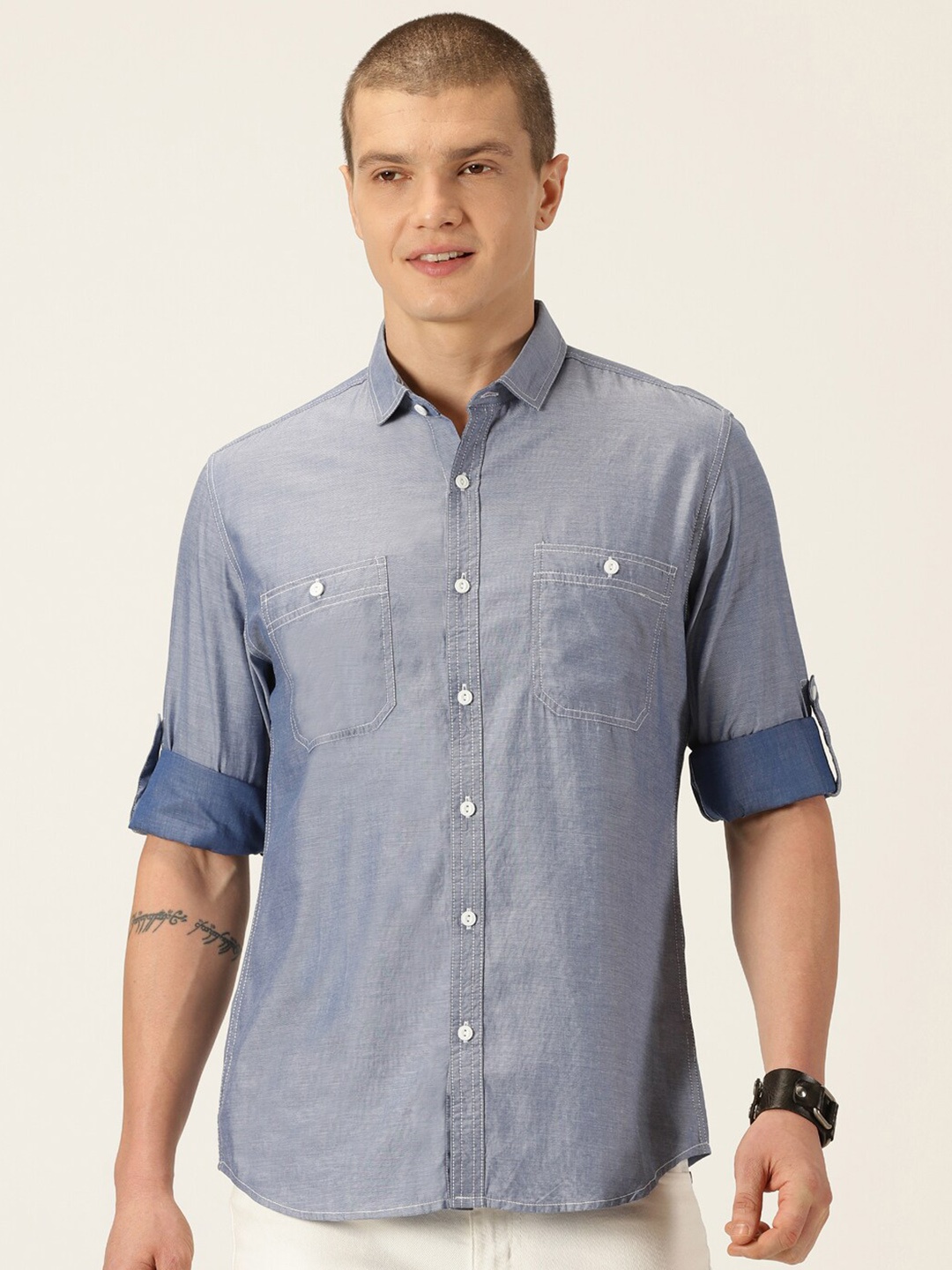 

Mast & Harbour Blue Classic Slim Fit Chambray Pure Cotton Shirt