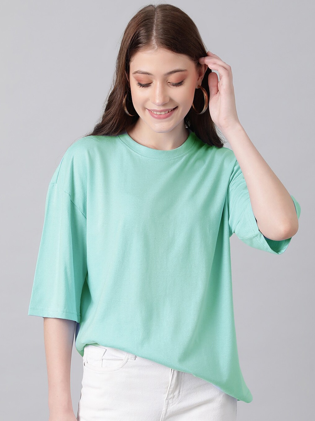 

KOTTY Basics Round Neck Drop-Shoulder Sleeves Oversized Fit Cotton T-Shirt, Green