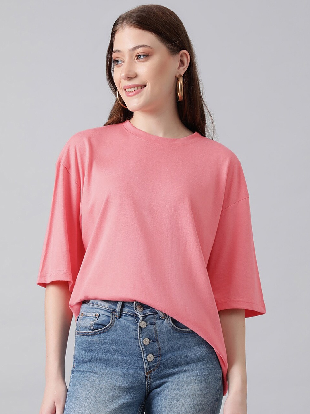 

KOTTY Basics Round Neck Drop-Shoulder Sleeves Oversized Fit Cotton T-Shirt, Pink