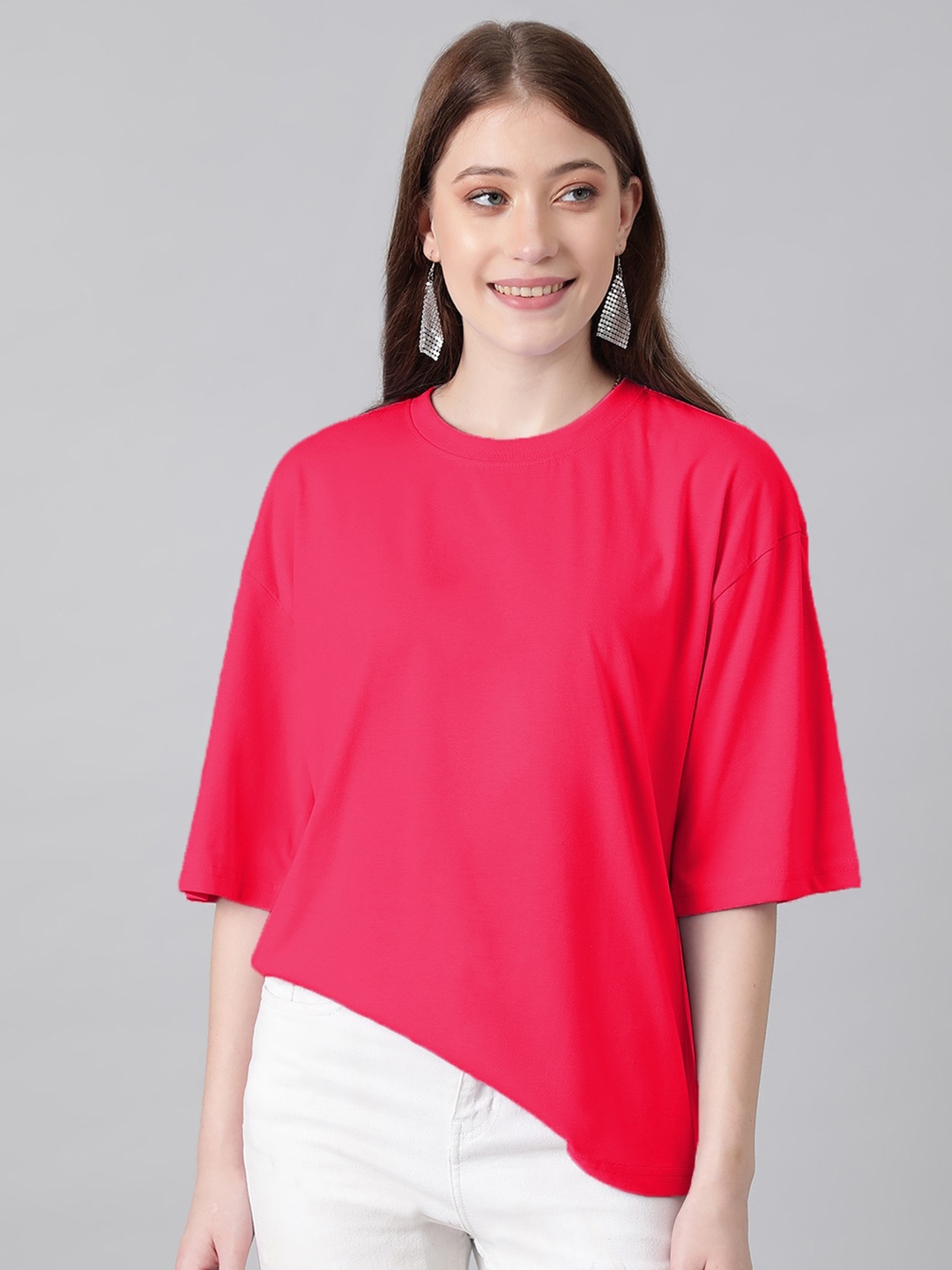 

KOTTY Basics Round Neck Drop-Shoulder Sleeves Oversized Fit Cotton T-Shirt, Pink