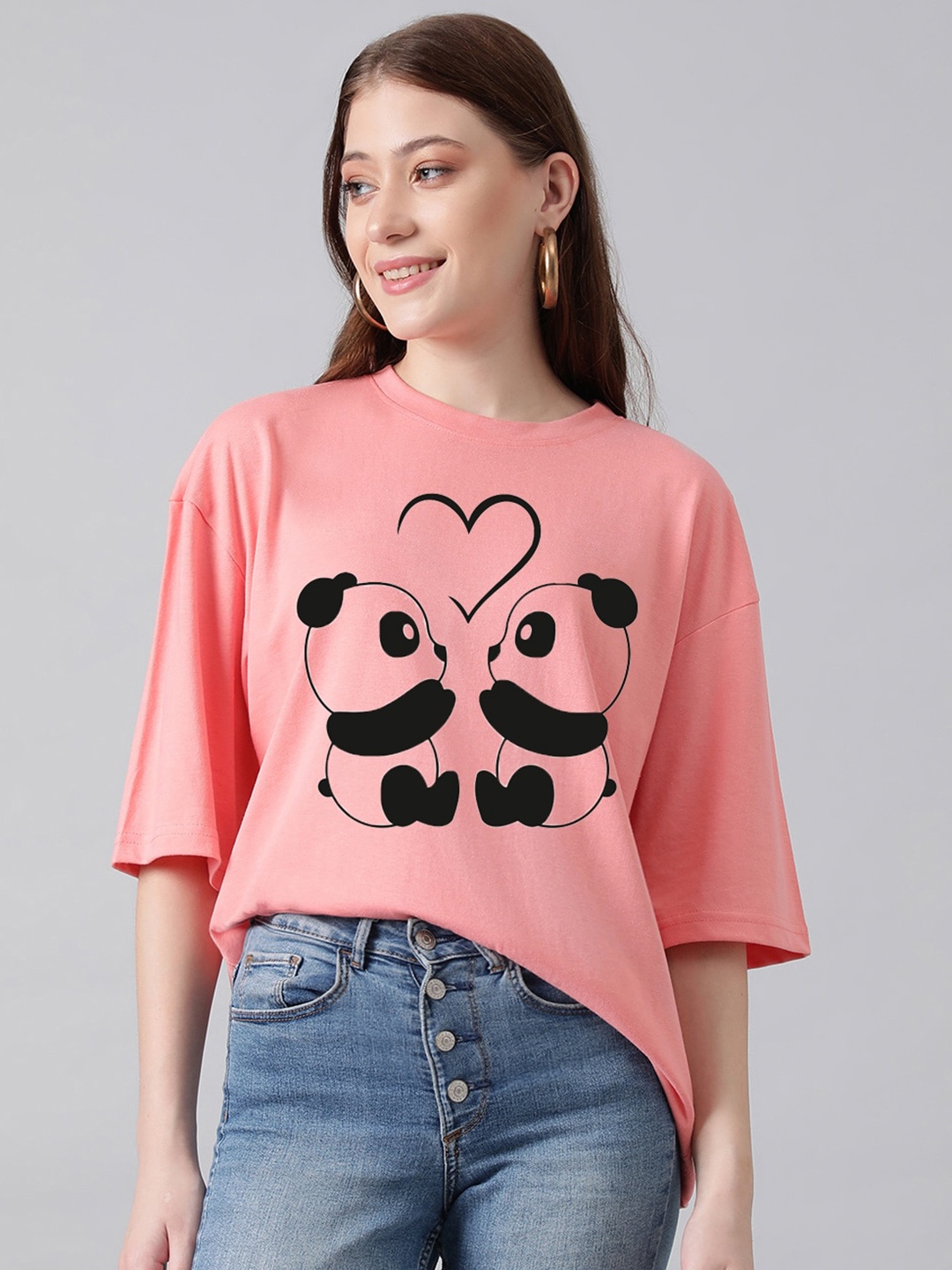 

Kotty Graphic Printed Round Neck Drop-Shoulder Sleeves Oversized Fit Cotton T-Shirt, Pink