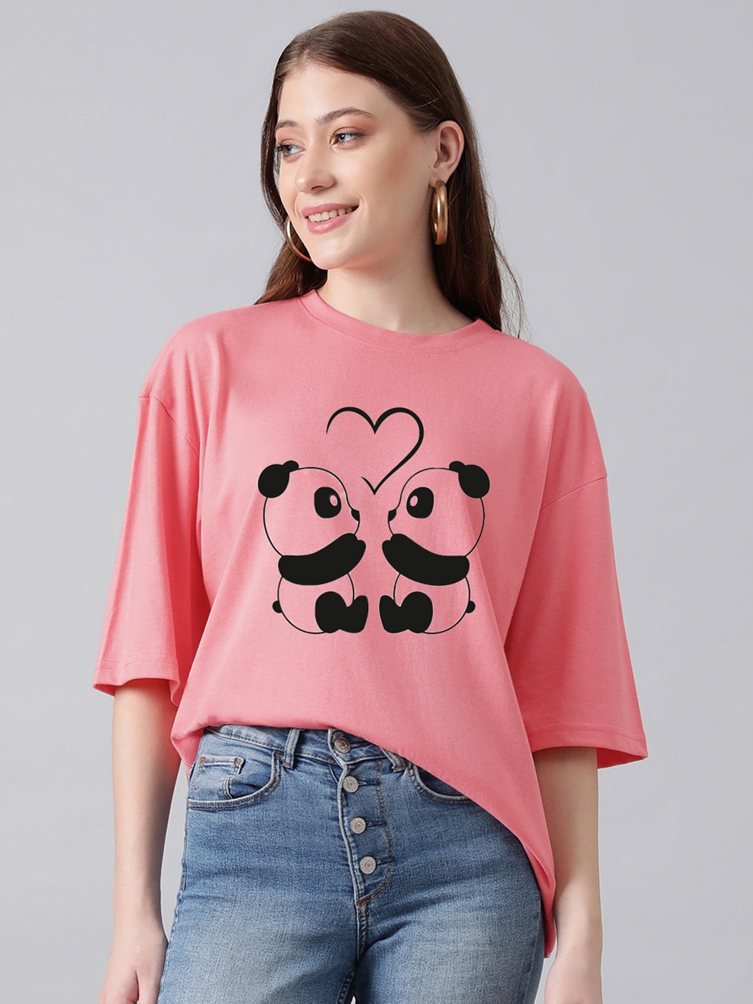 

Kotty Graphic Printed Round Neck Drop-Shoulder Sleeves Oversized Fit Cotton T-Shirt, Pink