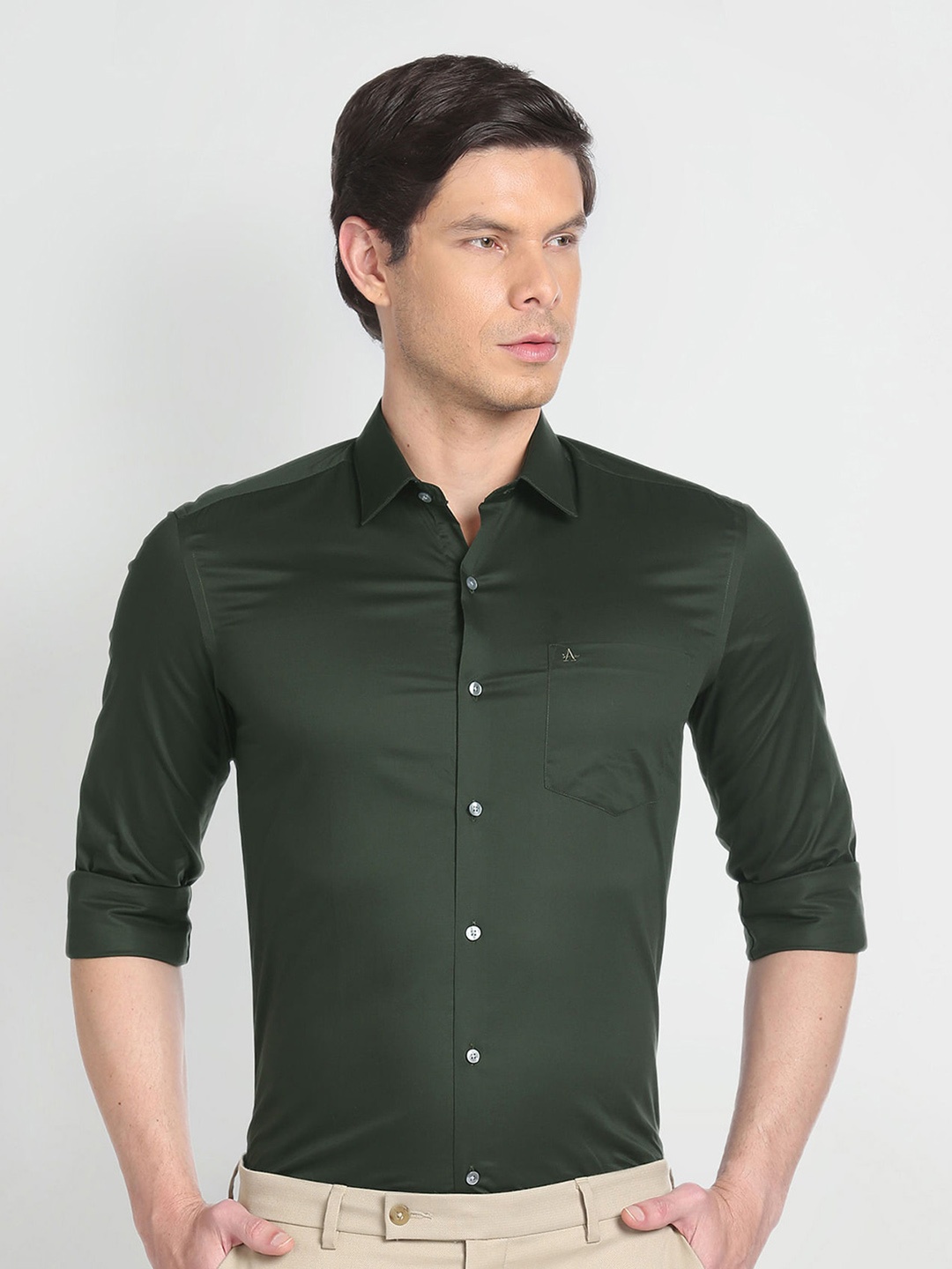 

Arrow Spread Collar Opaque Slim Fit Cotton Formal Shirt, Green