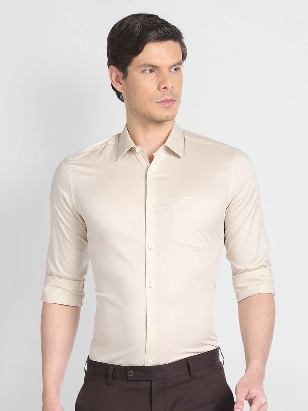 

Arrow Spread Collar Opaque Slim Fit Cotton Formal Shirt, Beige