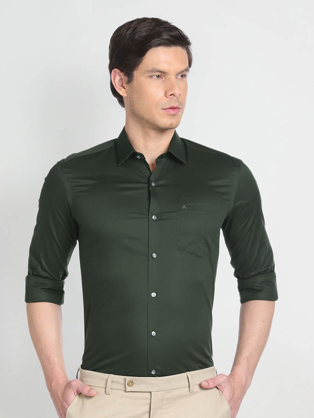 

Arrow Spread Collar Opaque Slim Fit Cotton Formal Shirt, Green