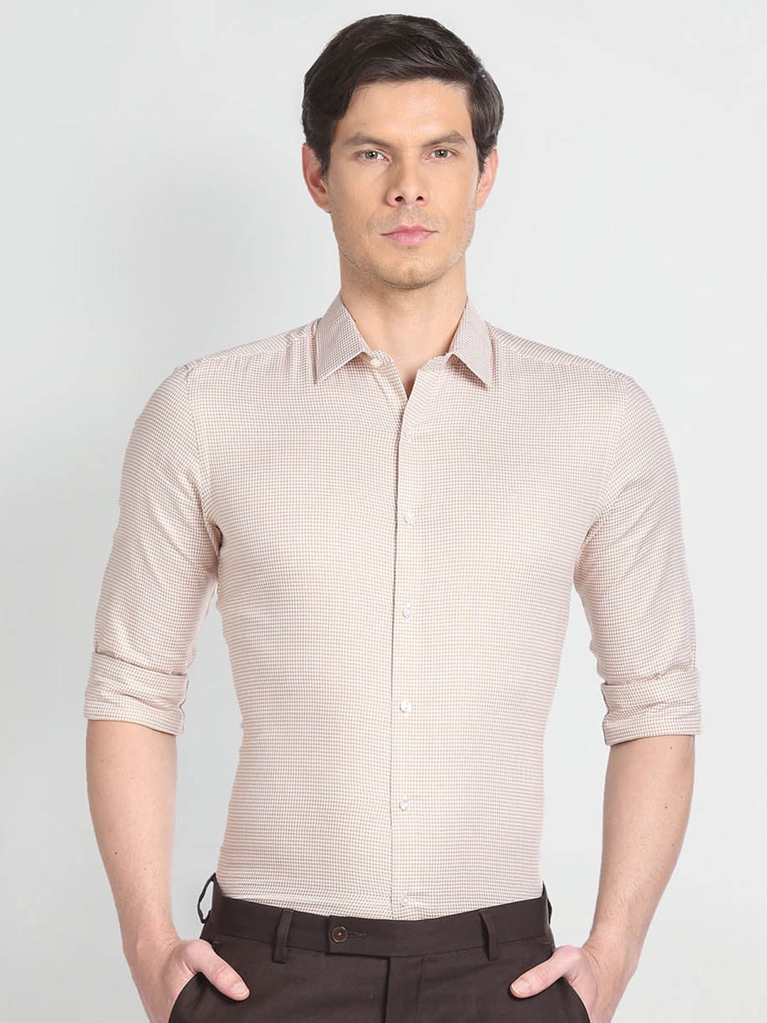 

Arrow Gingham Checked Slim Fit Opaque Cotton Formal Shirt, Beige