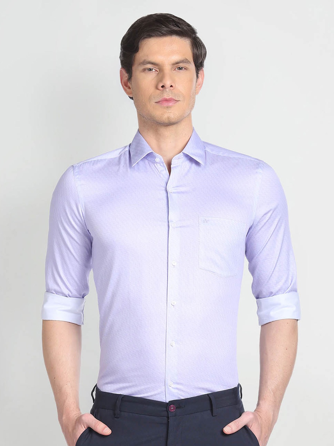

Arrow Textured Self Design Spread Collar Opaque Slim Fit Cotton Formal Shirt, Purple