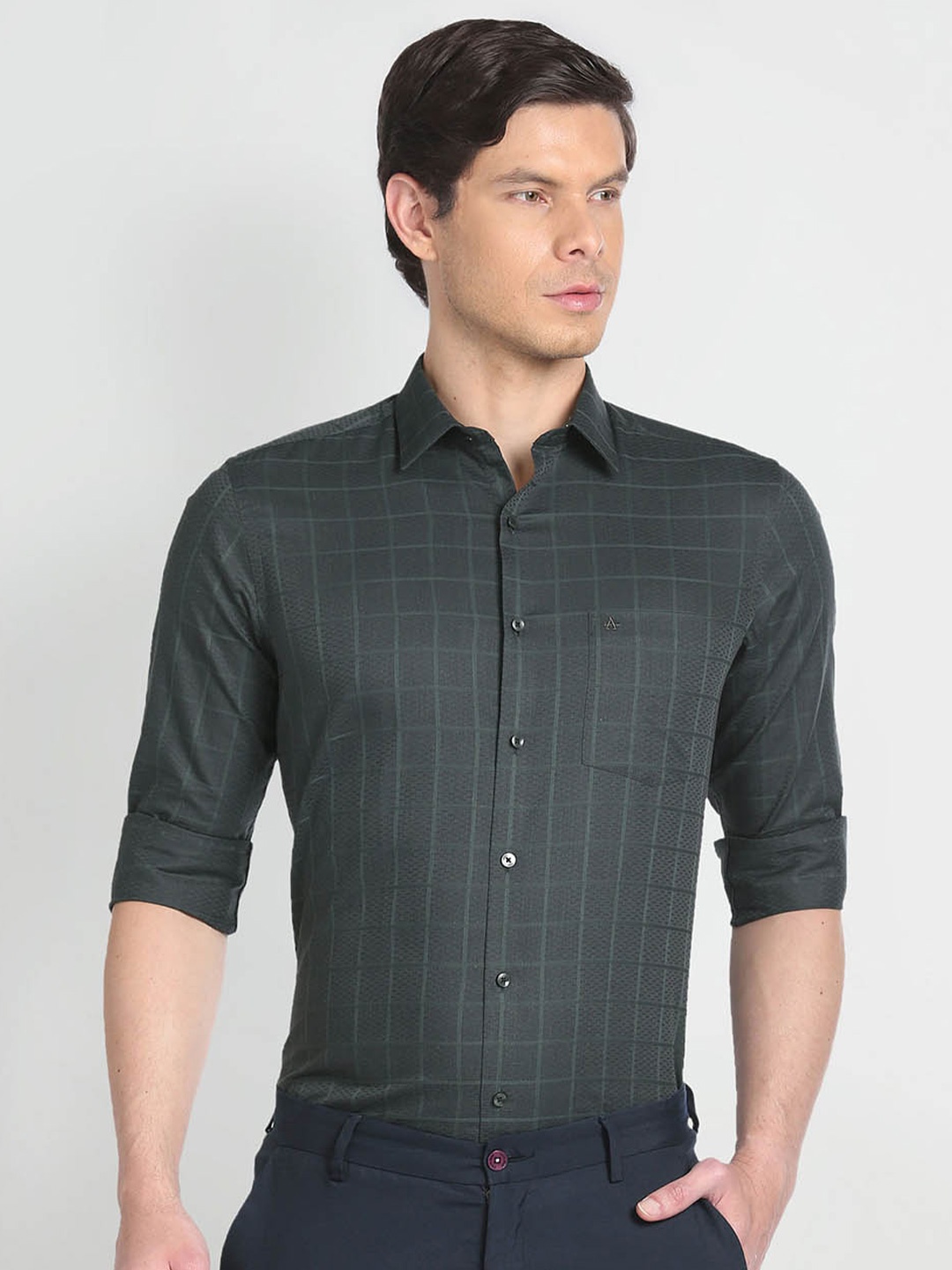 

Arrow Grid Tattersall Checked Opaque Regular Fit Cotton Formal Shirt, Grey