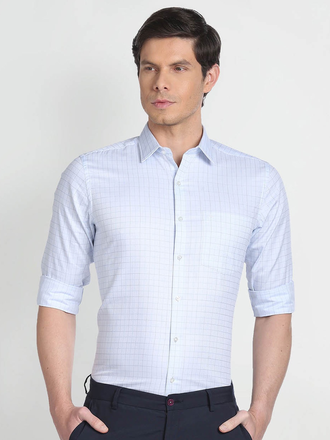 

Arrow Grid Tattersall Checked Opaque Regular Fit Cotton Formal Shirt, Blue