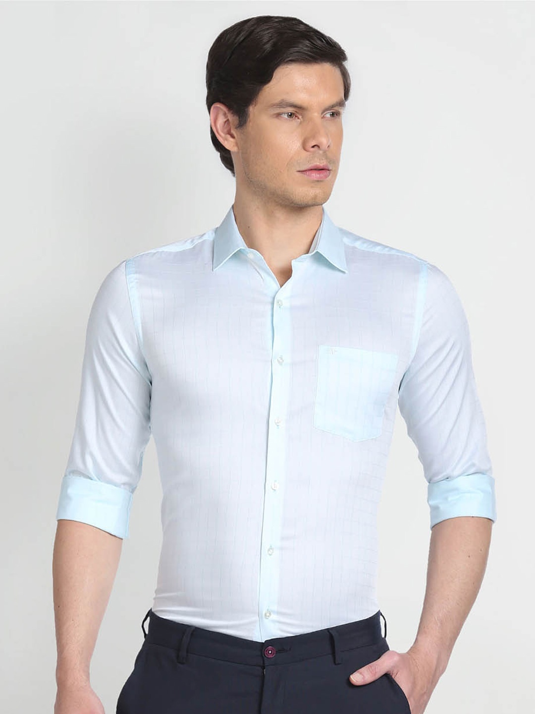 

Arrow Slim Fit Windowpane Checks Twill Weave Formal Shirt, Blue