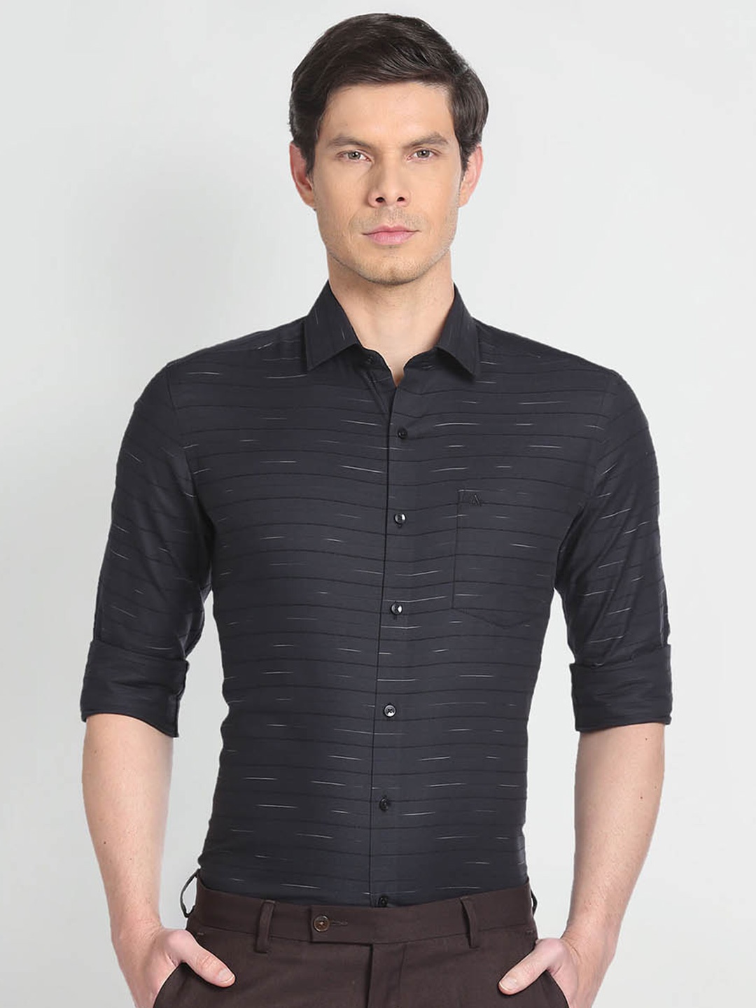 

Arrow Slim Fit Horizontal Stripes Pure Cotton Formal Shirt, Black