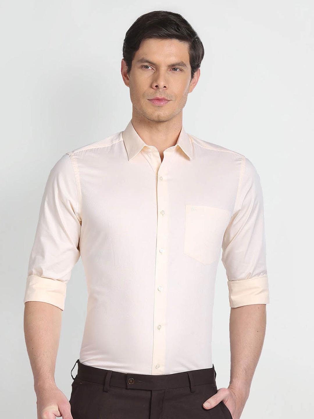 

Arrow Self Design Textured Pure Cotton Formal Shirt, Yellow