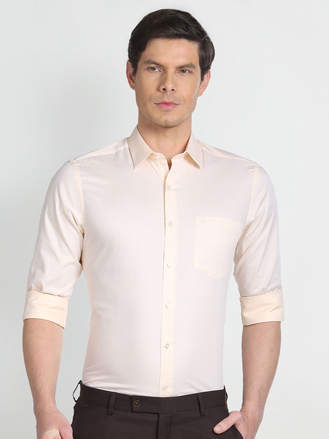 

Arrow Self Design Textured Pure Cotton Formal Shirt, Yellow