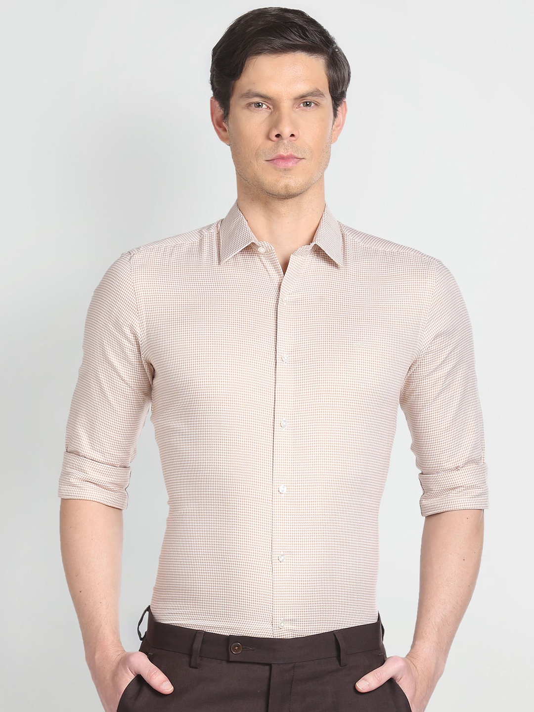 

Arrow Self Design Textured Slim Fit Pure Cotton Formal Shirt, Beige