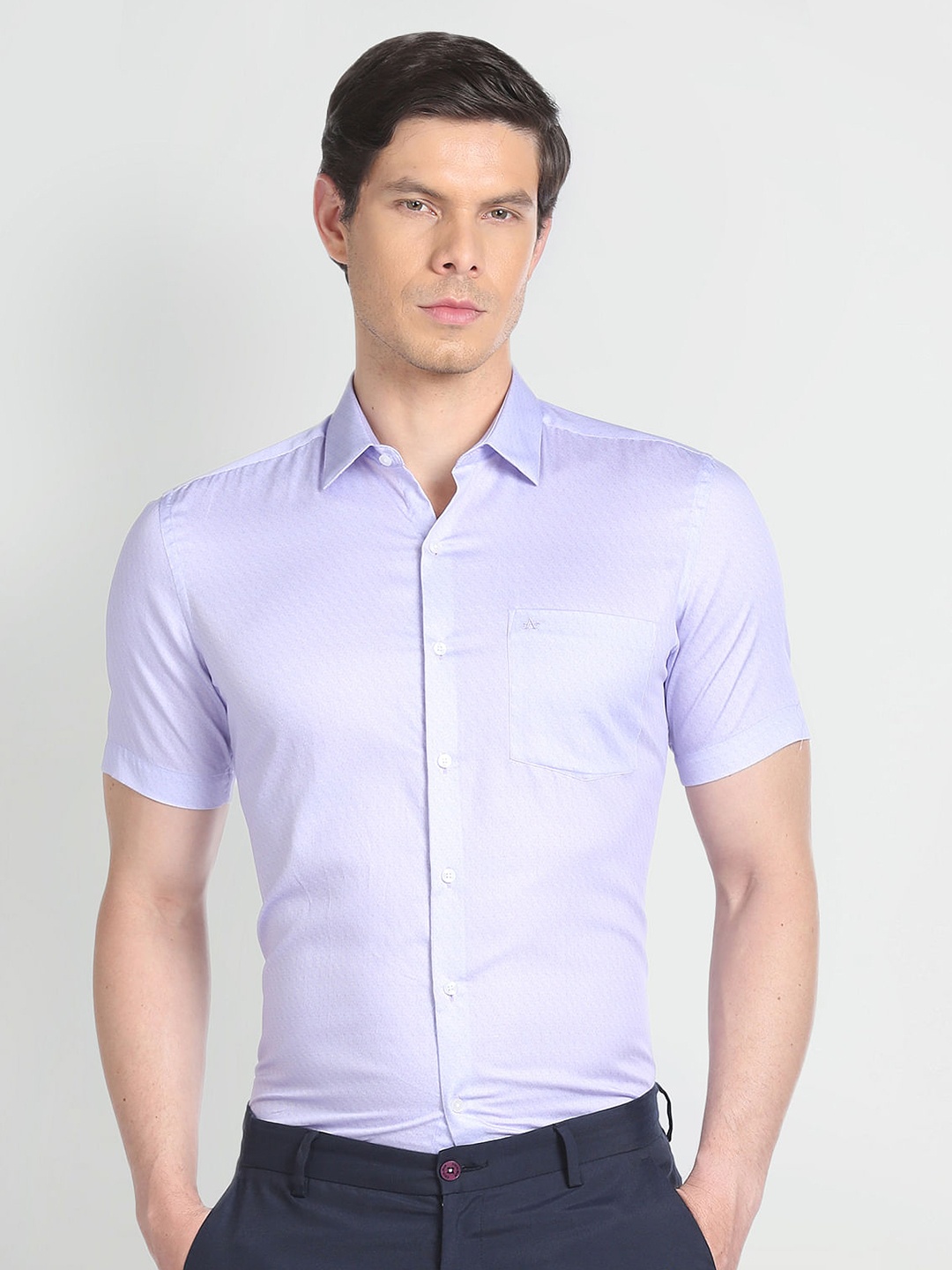 

Arrow Geometric Printed Spread Collar Chest Pocket Pure Cotton Formal Shirt, Purple