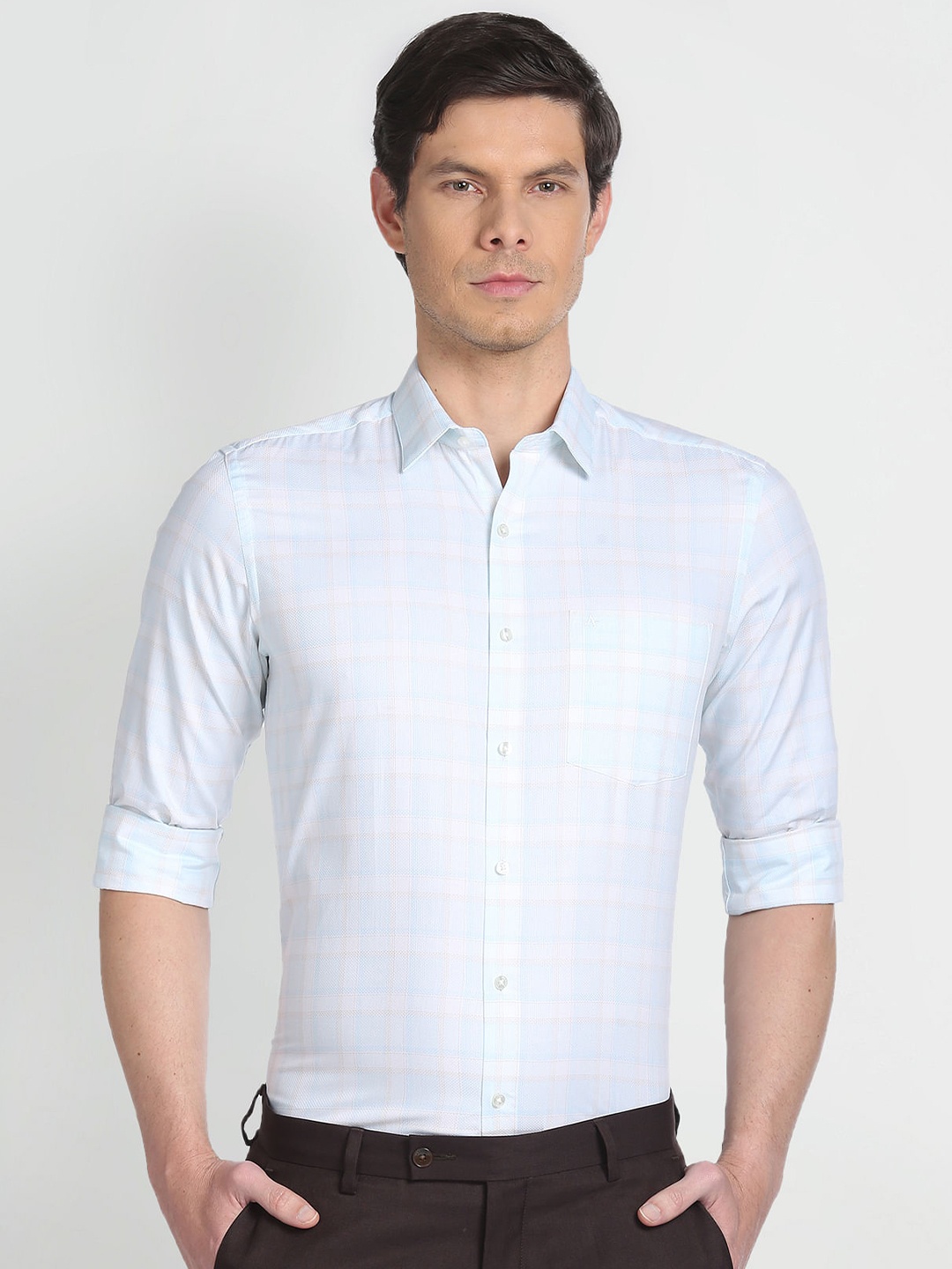 

Arrow Checked Spread Collar Chest Pocket Pure Cotton Formal Shirt, Blue