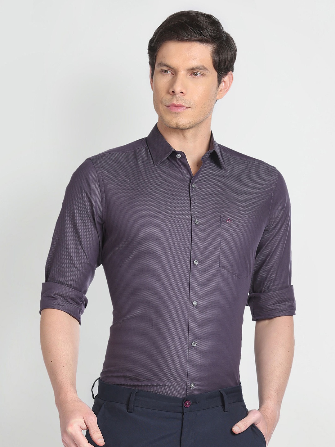 

Arrow Textured Self Design Spread Collar Chest Pocket Pure Cotton Formal Shirt, Purple