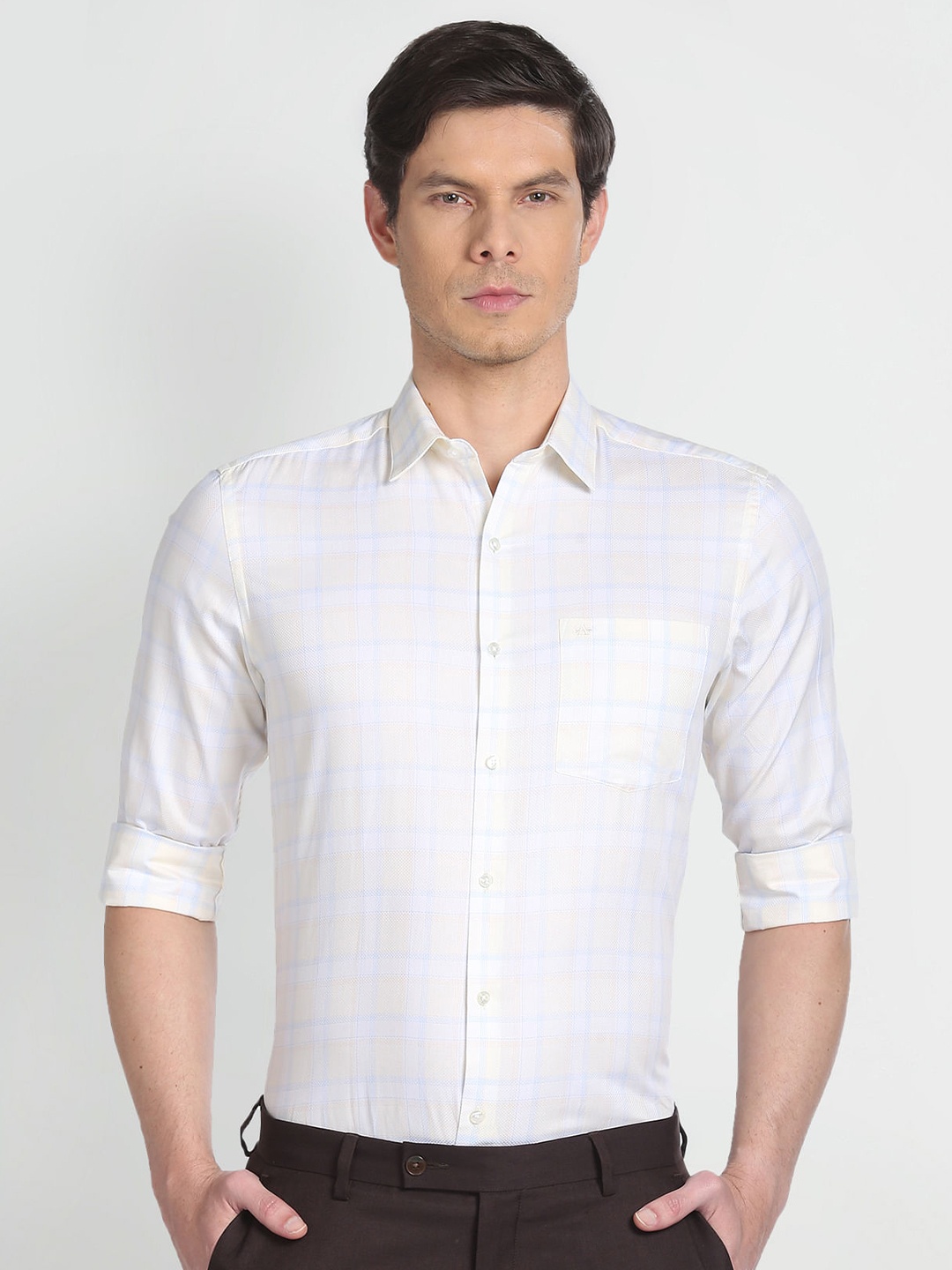 

Arrow Checked Spread Collar Chest Pocket Pure Cotton Formal Shirt, Yellow