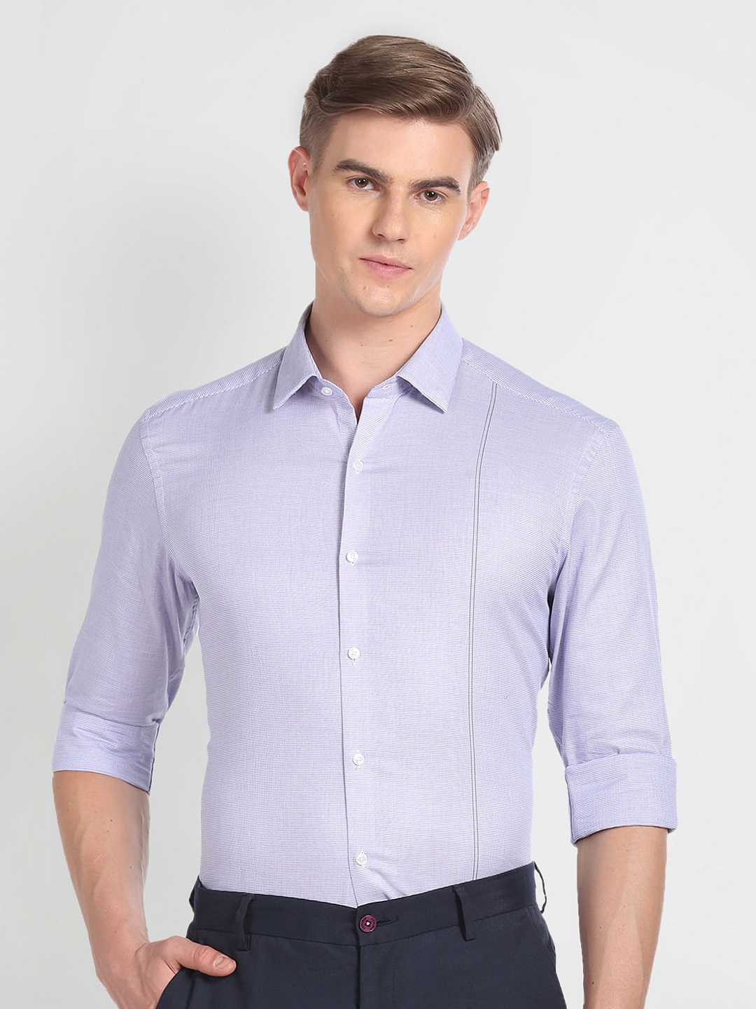 

Arrow Slim Fit Textured Self Design Spread Collar Pure Cotton Formal Shirt, Lavender