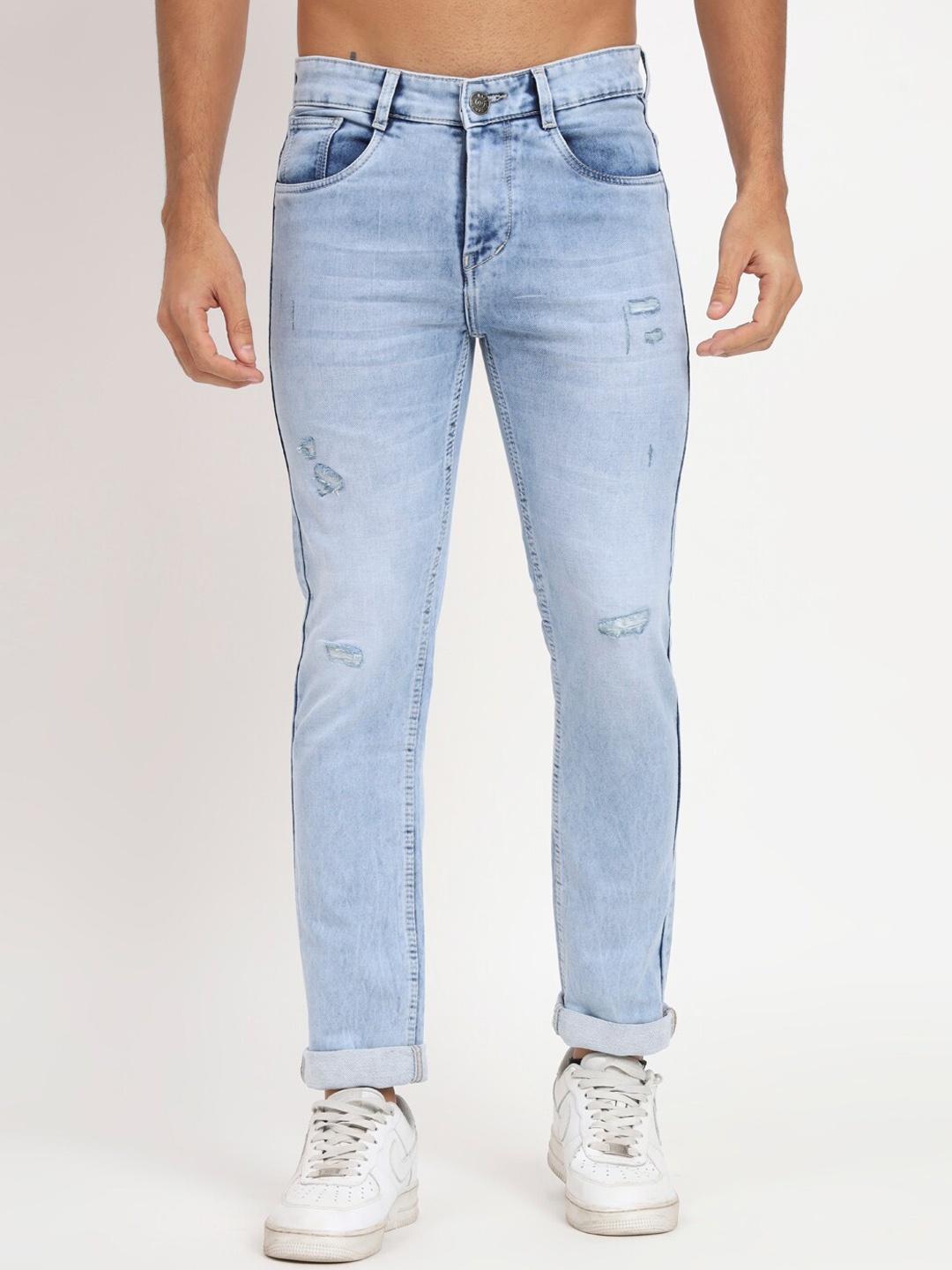 

RAGZO Men Slim Fit Low-Rise Low Distress Light Fade Stretchable Jeans, Blue