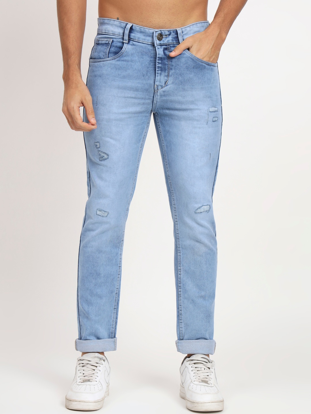 

RAGZO Men Slim Fit Low-Rise Low Distress Light Fade Stretchable Jeans, Blue