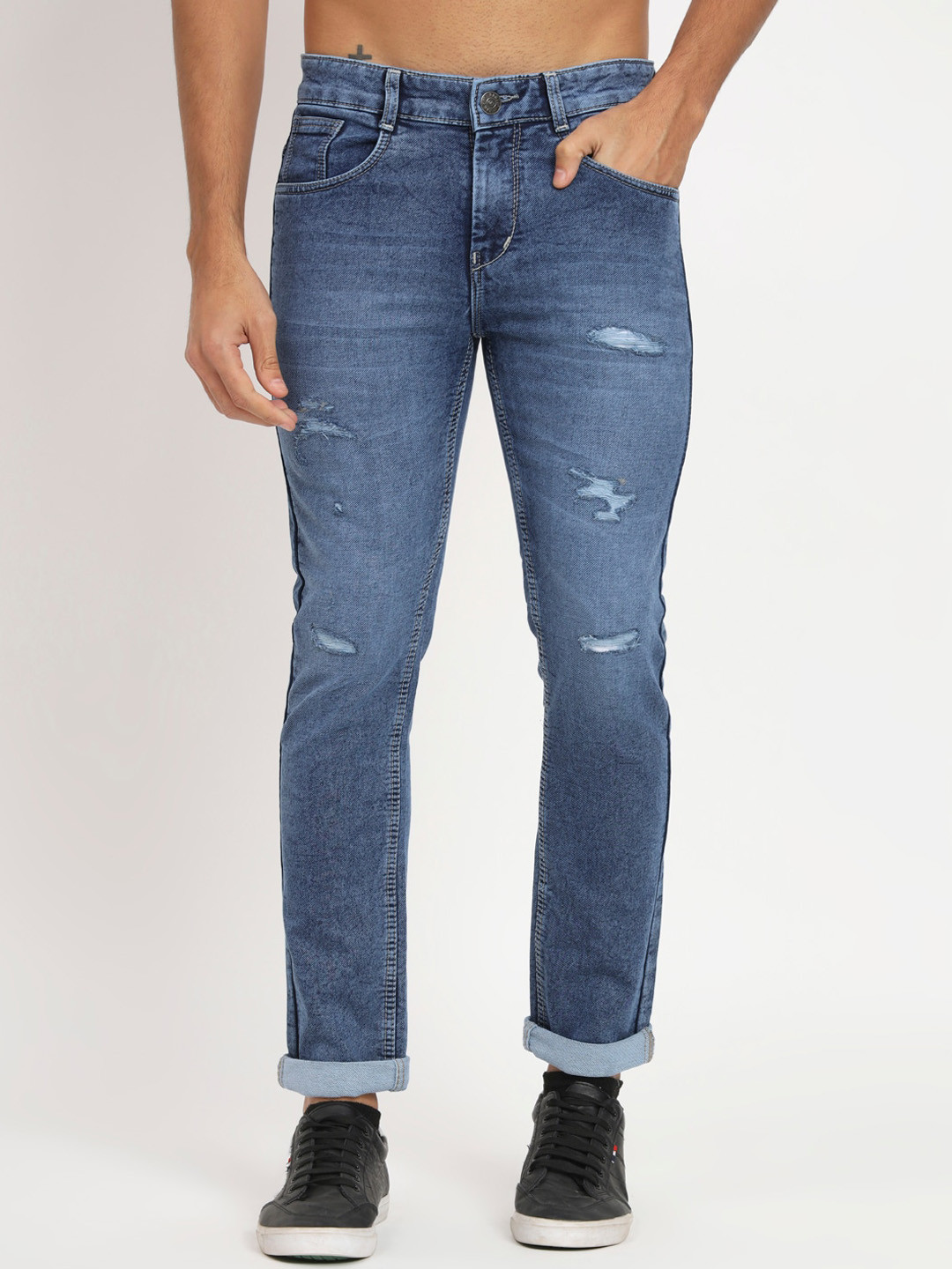 

RAGZO Men Slim Fit Low-Rise Low Distress Heavy Fade Stretchable Jeans, Blue