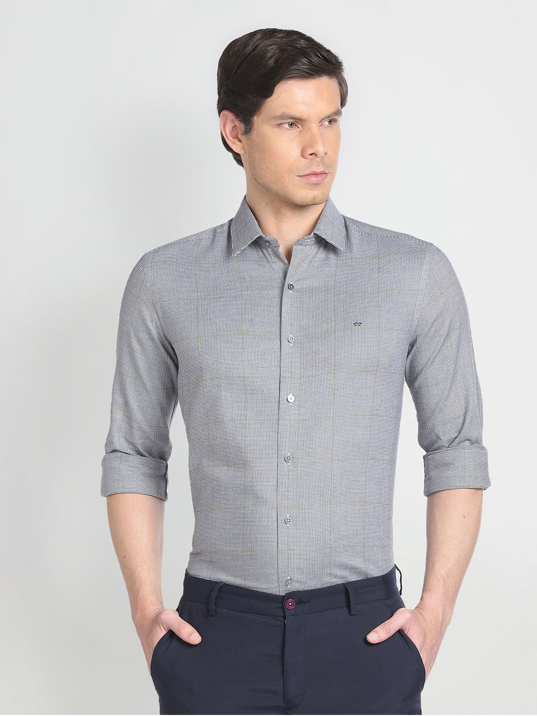 

Arrow New York Slim Fit Checked Formal Pure Cotton Shirt, Grey