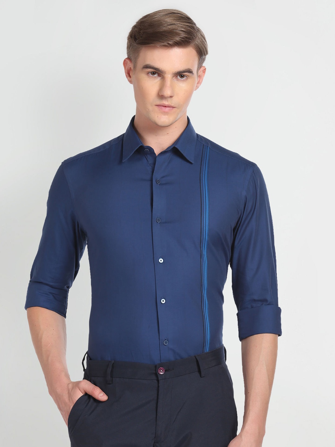 

Arrow New York Slim Fit Vertical Striped Twill Formal Pure Cotton Shirt, Blue