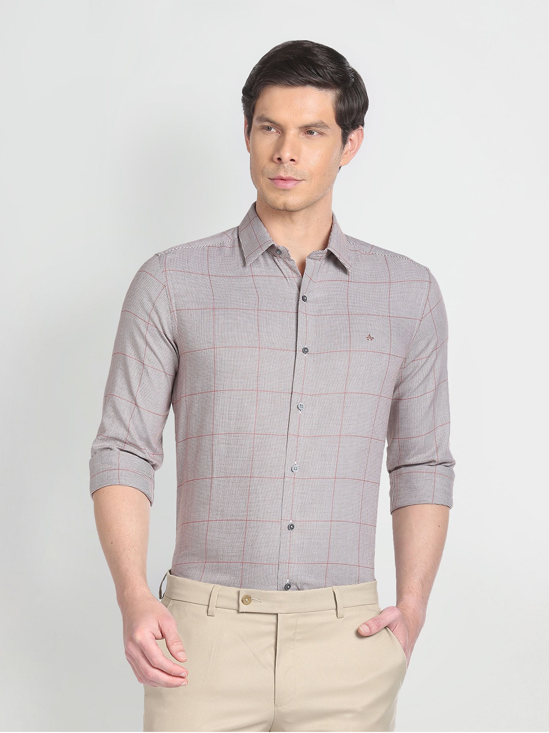 Arrow New York Slim Fit Checked Formal Pure Cotton Shirt, Grey