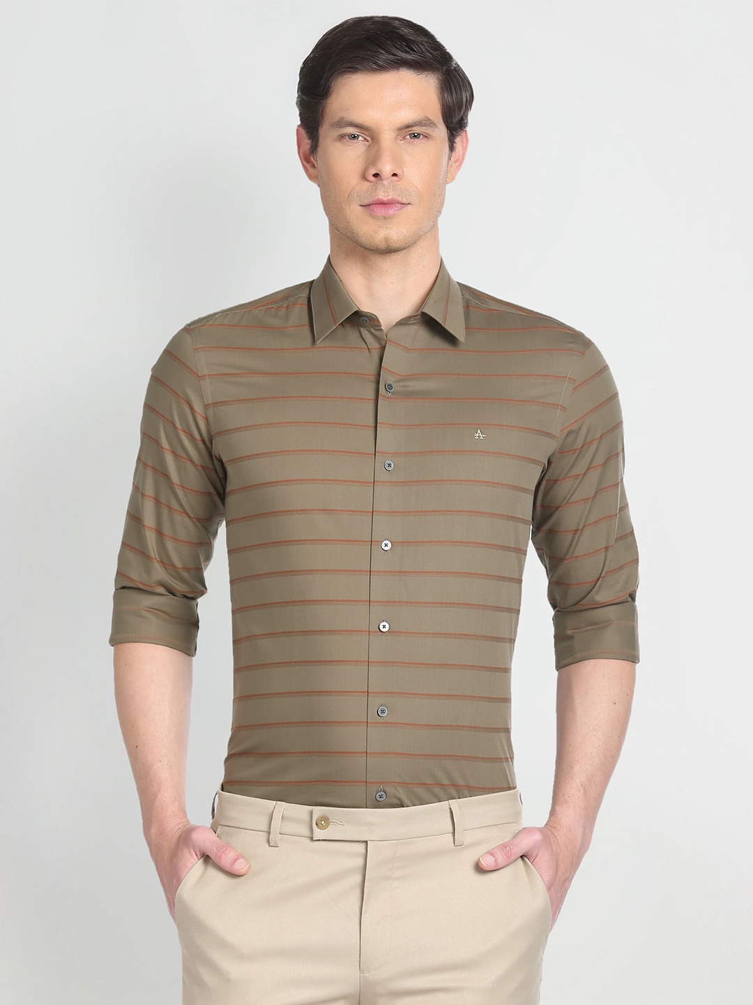 

Arrow New York Slim Fit Horizontal Striped Formal Pure Cotton Shirt, Olive