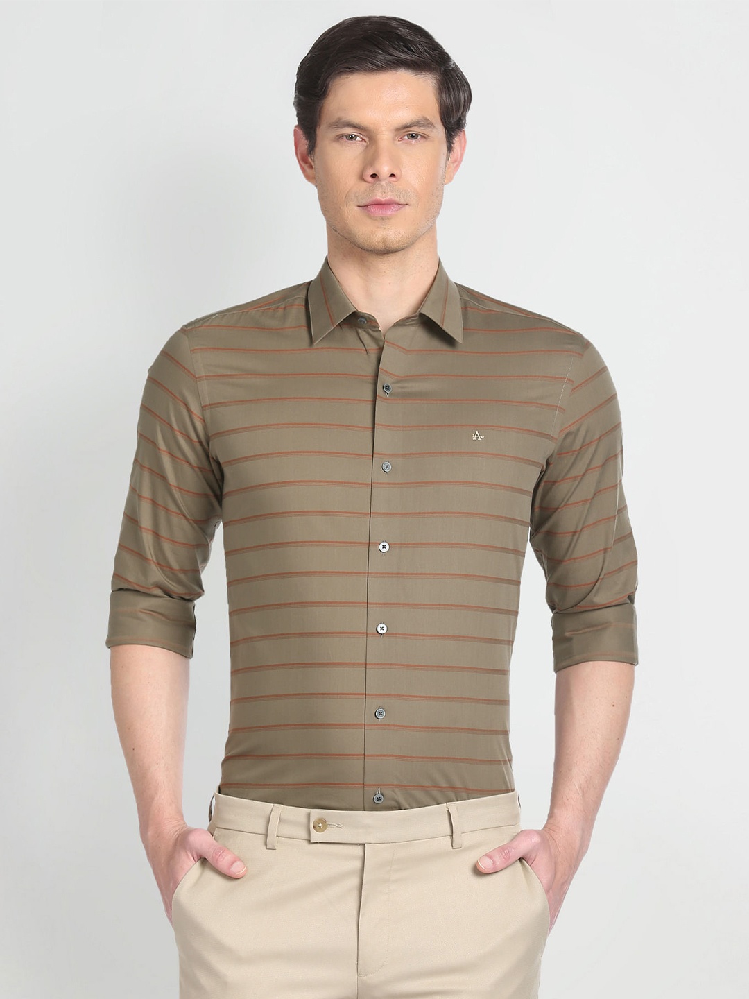 

Arrow New York Slim Fit Horizontal Striped Formal Pure Cotton Shirt, Olive