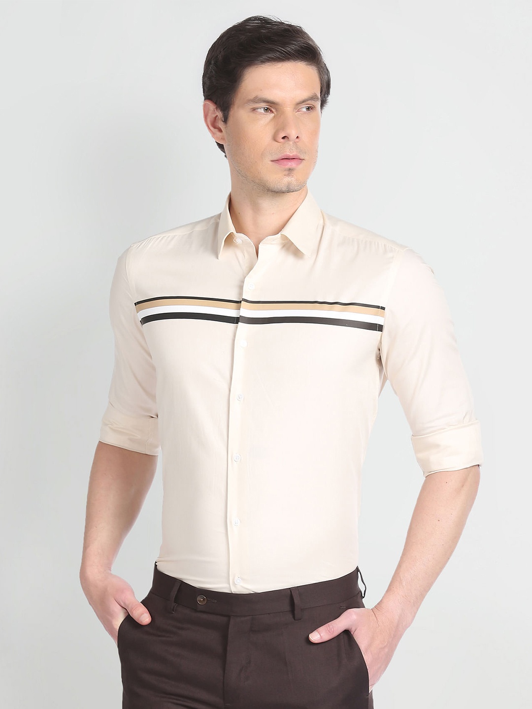 

Arrow New York Slim Fit Horizontal Striped Twill Formal Pure Cotton Shirt, Beige