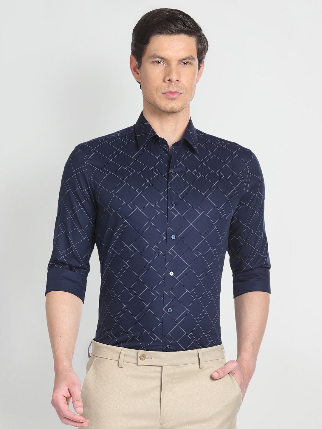 Arrow New York Slim Fit Geometric Printed Formal Pure Cotton Shirt, Navy blue