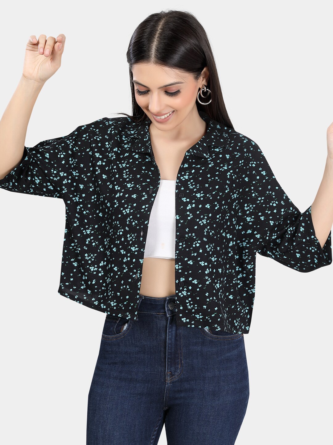 

VASTRADO Floral Printed Boxy Casual Shirt, Black