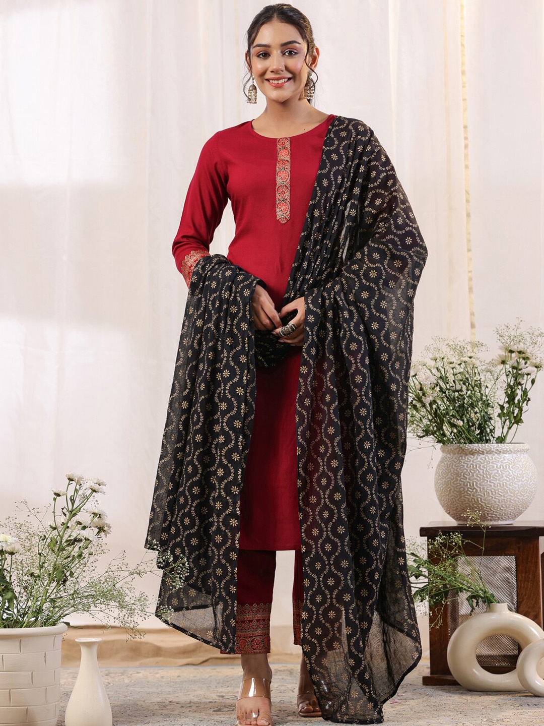 

Anubhutee Ethnic Motifs Printed Regular Kurta With Trousers & Dupatta, Maroon