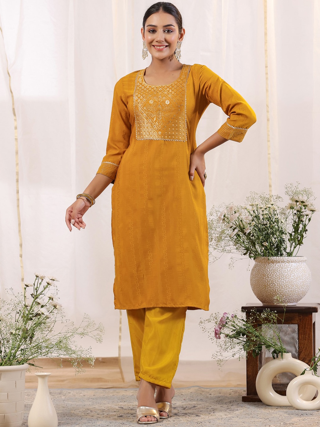 

Anubhutee Ethnic Motifs Yoke Design Gotta Patti Straight Kurta, Mustard