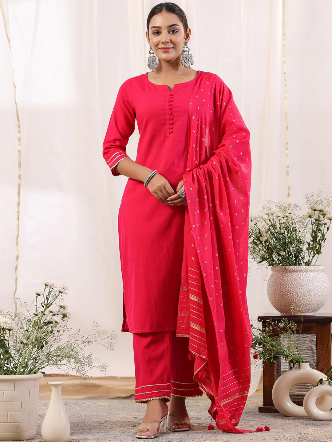 

Anubhutee Round Neck Regular Gotta Patti Kurta With Trousers & Dupatta, Fuchsia