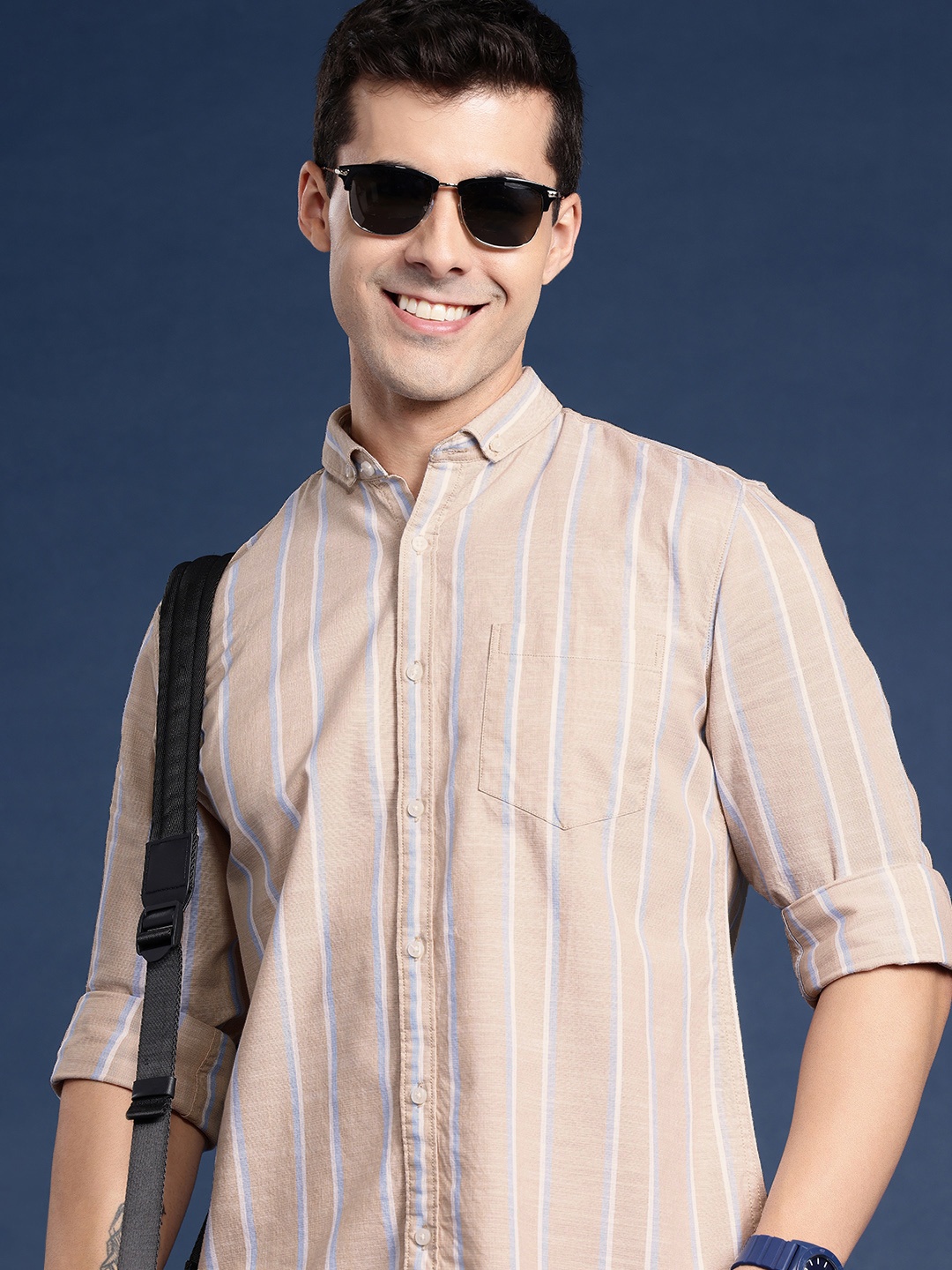 

Mast & Harbour Men Opaque Striped Cotton Casual Shirt, Beige