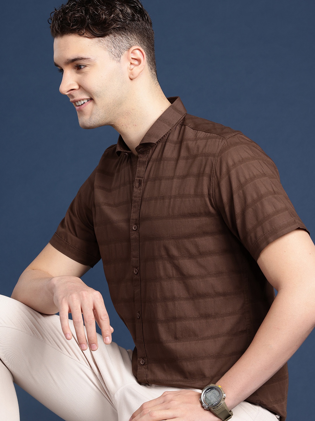 

Mast & Harbour Men Horizontal Striped Casual Shirt, Coffee brown