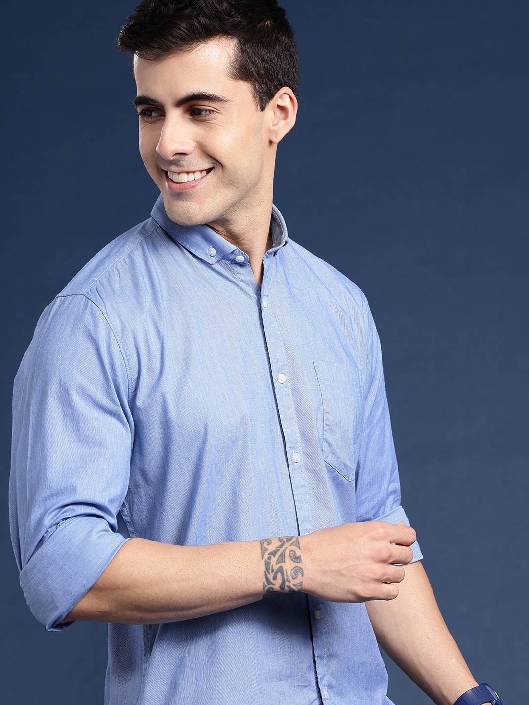 

Mast & Harbour Men Opaque Solid Cotton Casual Shirt, Blue