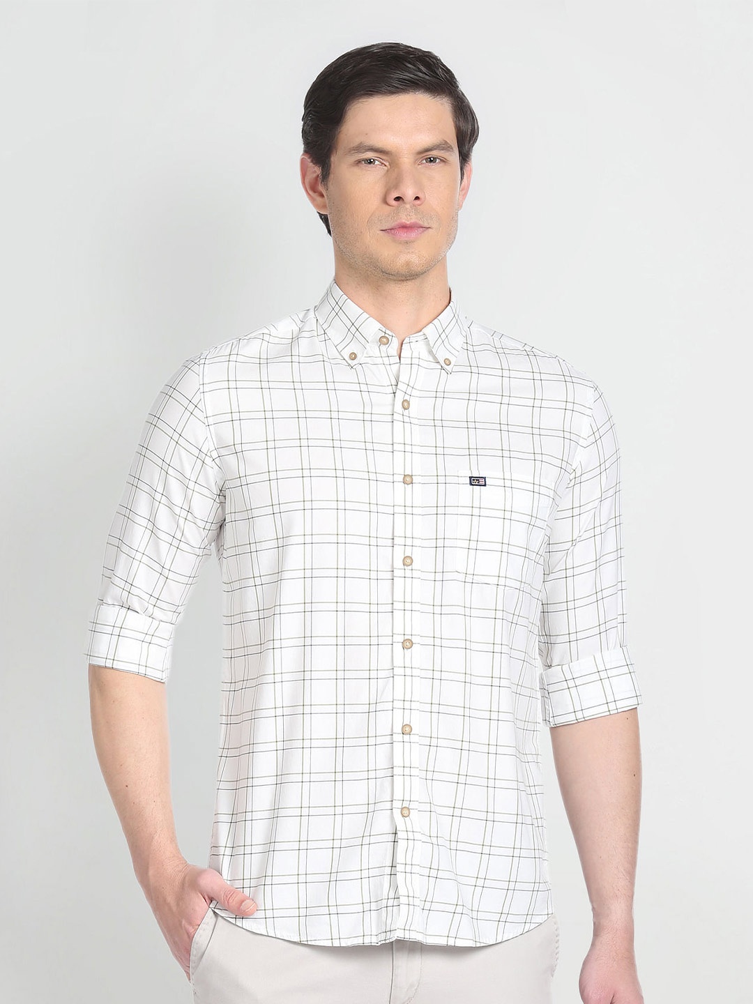 

Arrow Sport Button-Down Collar Twill Slim Fit Grid Tattersall Checked Casual Cotton Shirt, White