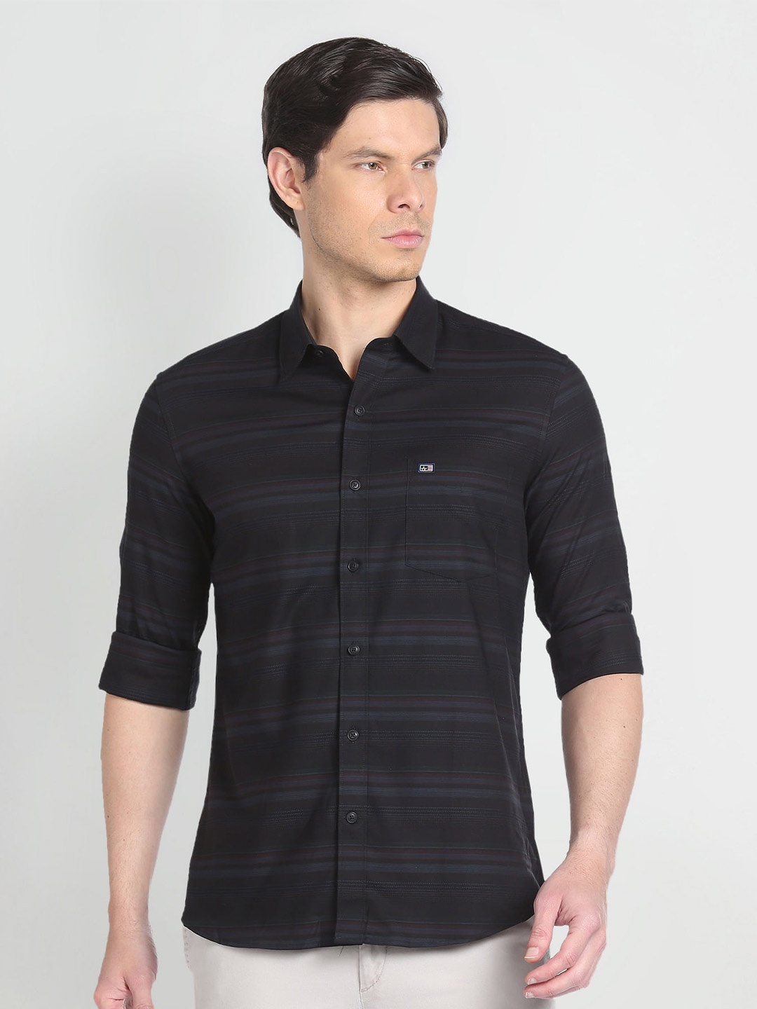Arrow Sport Slim Fit Horizontal Striped Casual Pure Cotton Shirt, Black