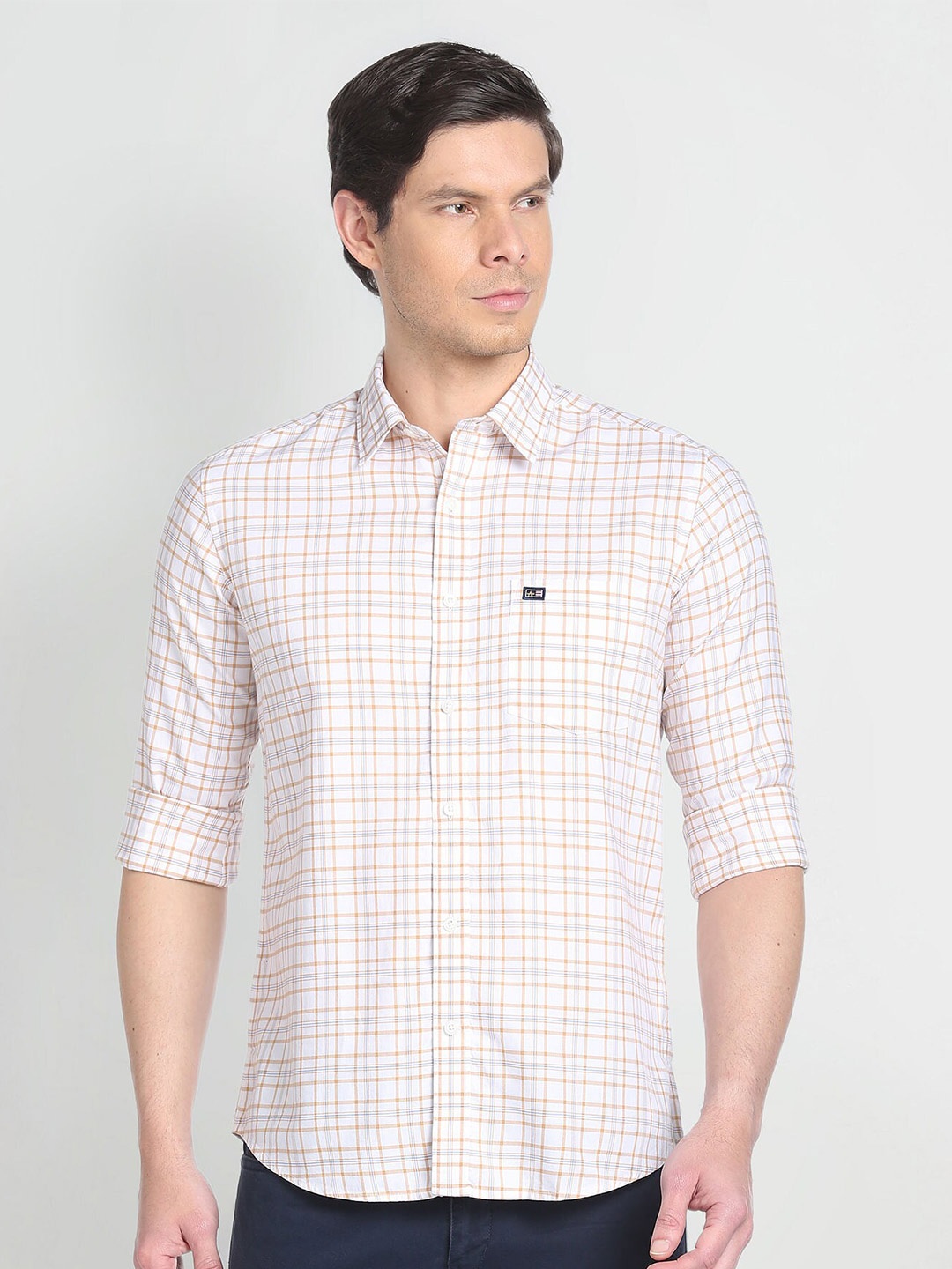 

Arrow Sport Men Brown Slim Fit Opaque Checked Casual Pure Cotton Shirt, Beige