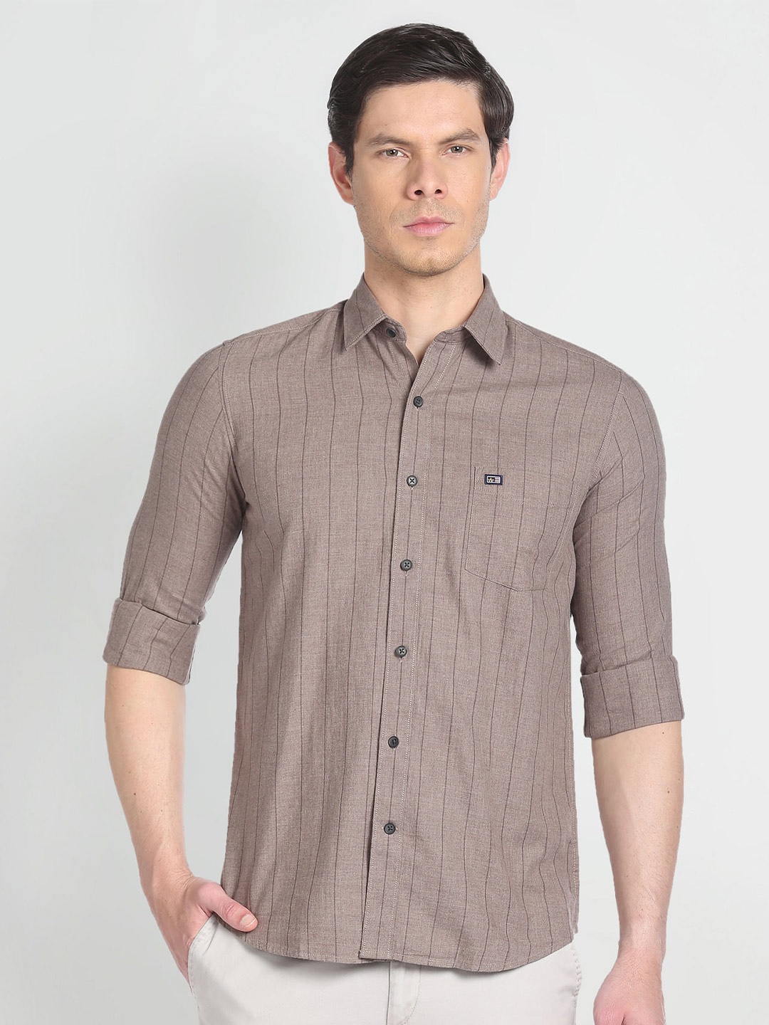 

Arrow Sport Men Slim Fit Striped Twill Casual Pure Cotton Shirt, Brown