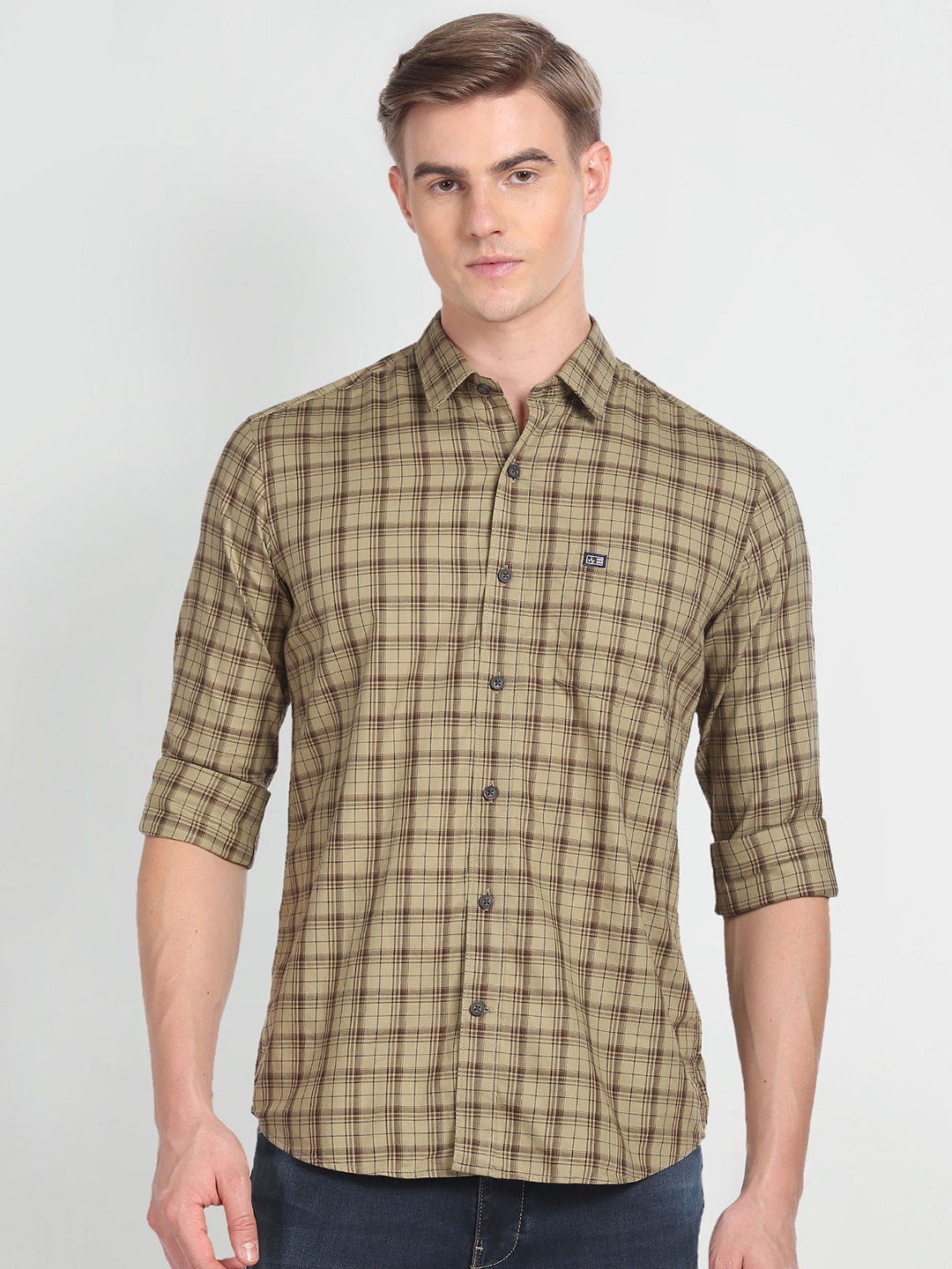 

Arrow Sport Slim Fit Tartan Checked Pure Cotton Casual Shirt, Olive