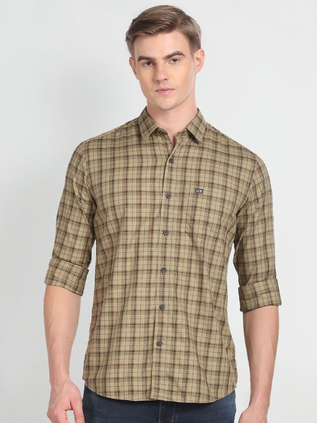 

Arrow Sport Slim Fit Tartan Checked Pure Cotton Casual Shirt, Green