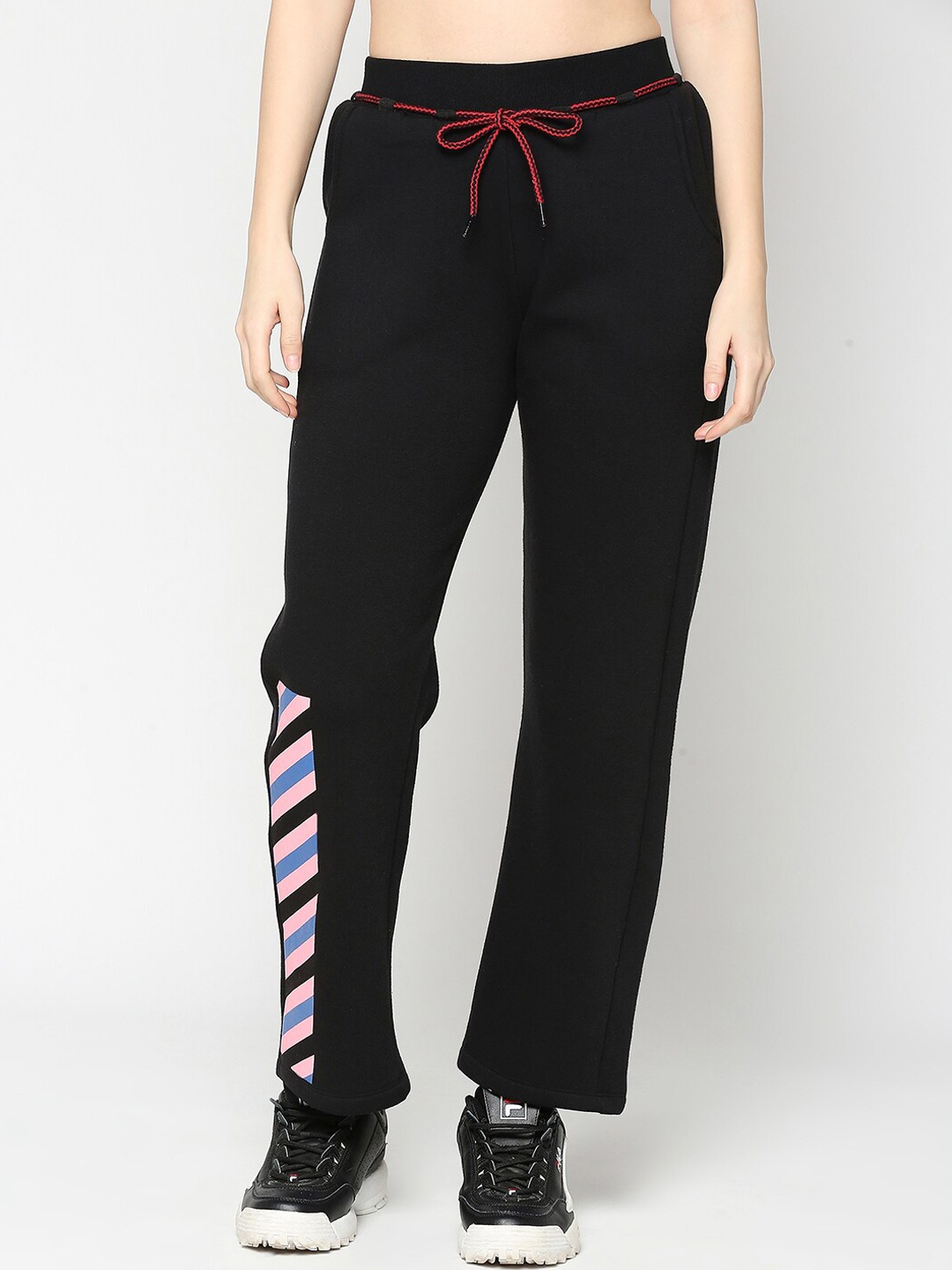 

Being Human Women Mid-Rise Striped Cotton Track Pants, Black