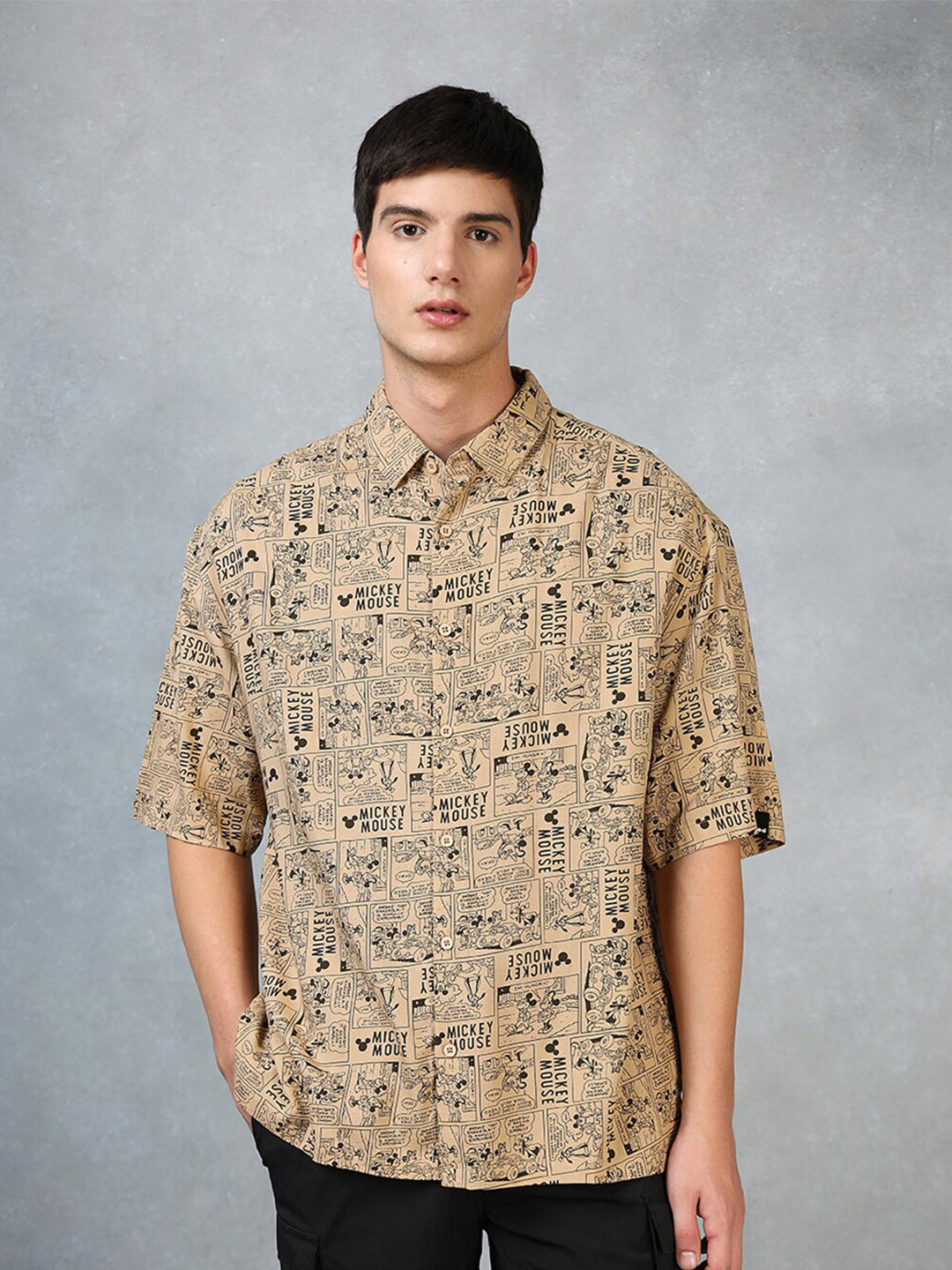 

Bewakoof Mickey Mouse Printed Oversized Casual Shirt, Brown