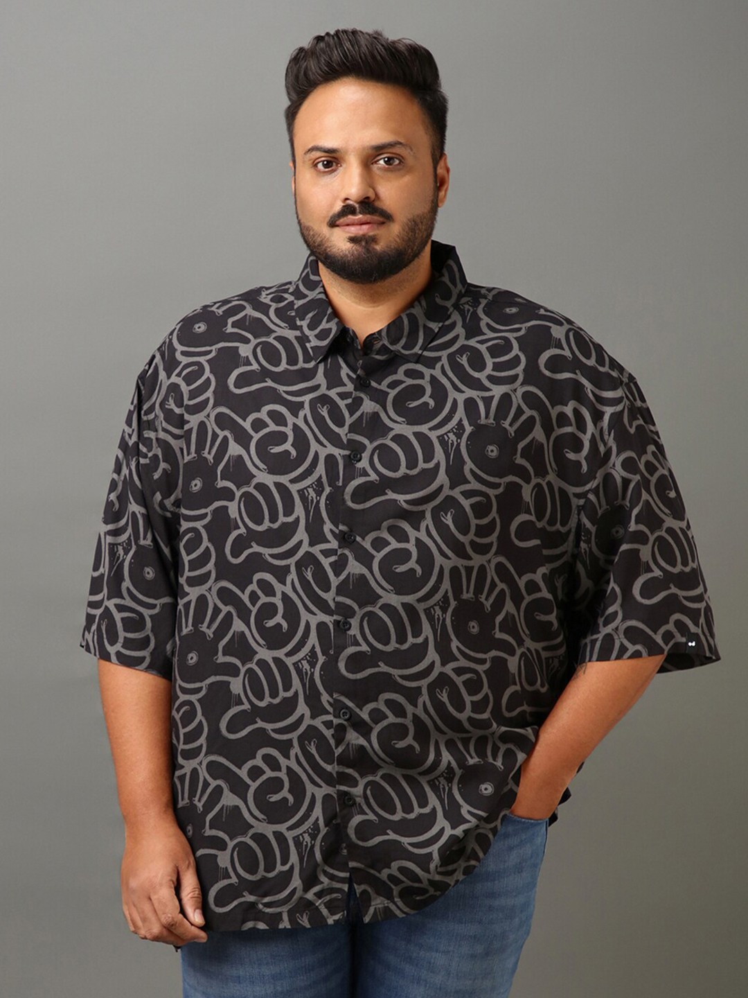 

Bewakoof Plus Men Black Opaque Conversational Printed Oversized Casual Shirt